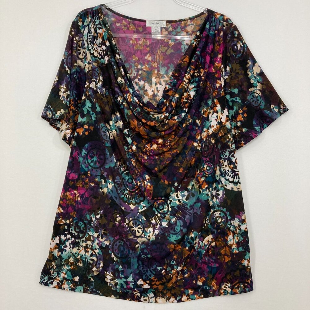 Dressbarn size 3X Multi Color Abstract‎ Cowl Neck Short Sleeve Stretch Comfy Top